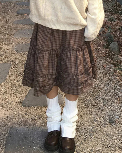 Checked frill flared midi skirt