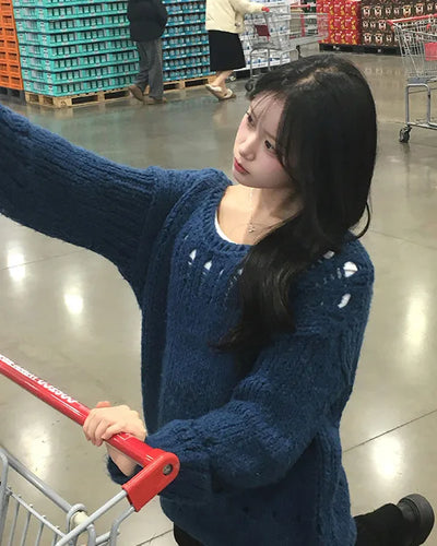 Boat neck perforated oversized knit