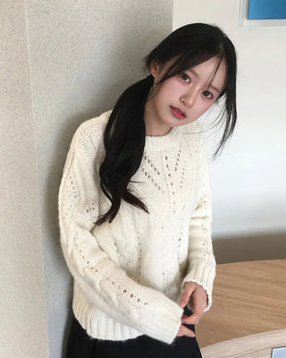 Wool blend perforated cable knit
