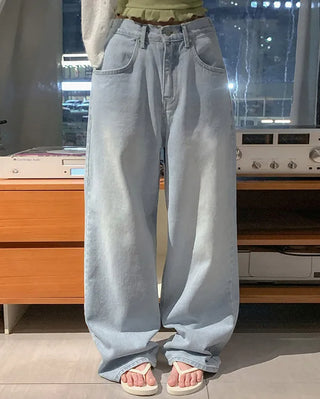 Denim wide-leg pants with elastic waistband