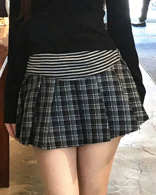 Belted check pleated mini skirt