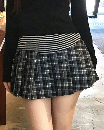 Belted check pleated mini skirt