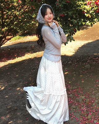 Polka Dot Frill Flare Long Skirt