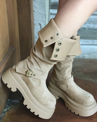 Button suede platform long boots