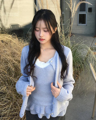 (Set) Frill Camisole & Knit Cardigan