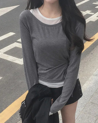 Two-tone layered long-sleeve T-shirt