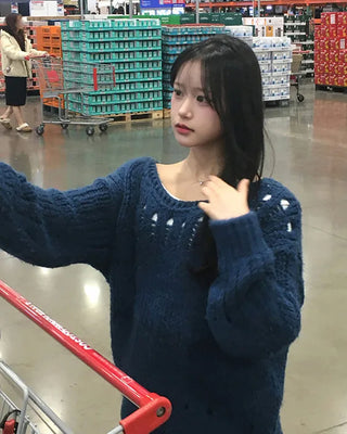 Boat neck perforated oversized knit