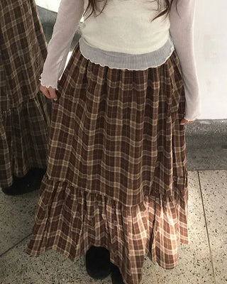 Checked frill flared long skirt