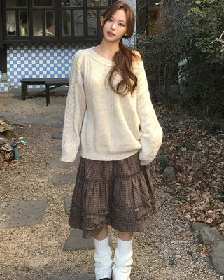 Checked frill flared midi skirt