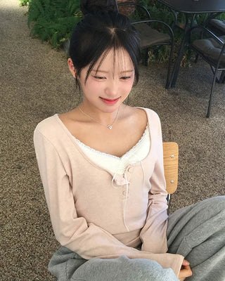 Layered Lace Shirring Long Sleeve T-Shirt