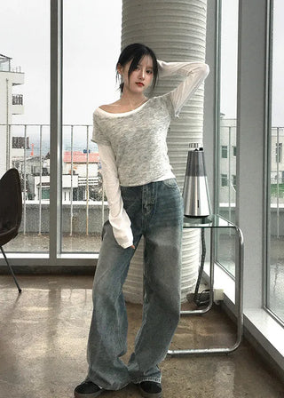 Back-belt washed wide-leg pants