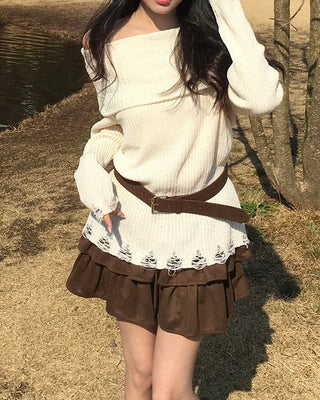 Belted distressed off-shoulder knit