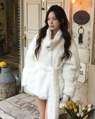 Boa-lined, belted, mid-length jacket
