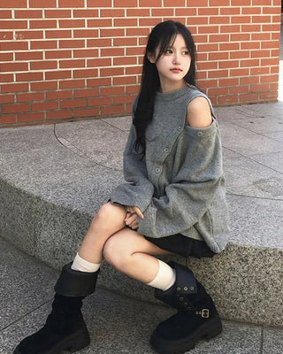 Wool blend asymmetrical button-up off-shoulder knit