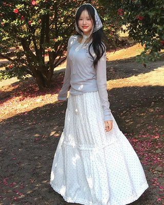 Polka Dot Frill Flare Long Skirt