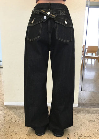 Back-belt washed wide-leg pants