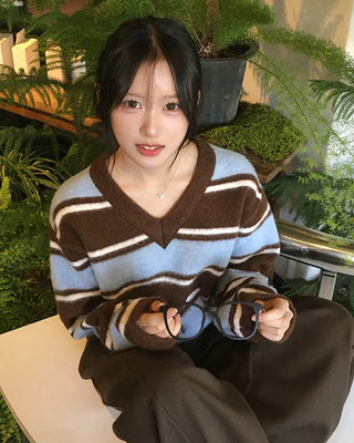 Wool blend V-neck striped knit