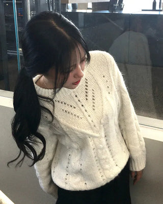 Wool blend perforated cable knit