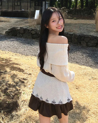 Belted distressed off-shoulder knit