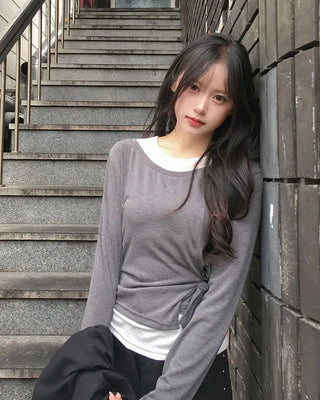 Two-tone layered long-sleeve T-shirt