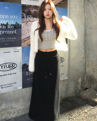 Elastic waistband, fleece-lined long skirt