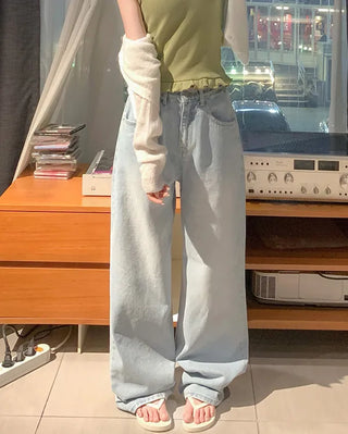 Denim wide-leg pants with elastic waistband