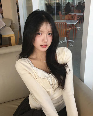 Layered Lace Shirring Long Sleeve T-Shirt