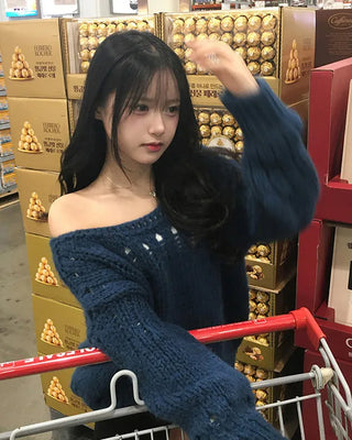 Boat neck perforated oversized knit