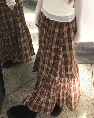 Checked frill flared long skirt