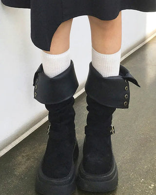 Button suede platform long boots