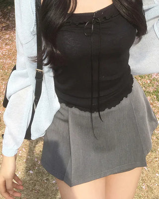 [2 colors] Belted pleated mini skirt