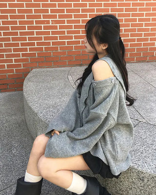 Wool blend asymmetrical button-up off-shoulder knit