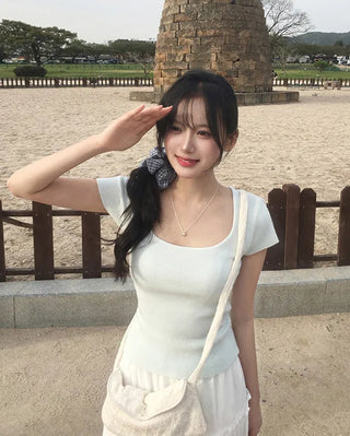 [5 colors] Square Neck Knit T-Shirt