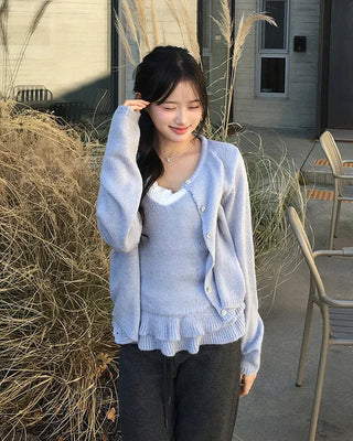 (Set) Frill Camisole & Knit Cardigan