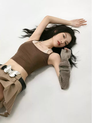 Contrast color fake two-piece camisole sleeveless top