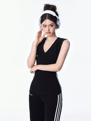 V-neck sporty top and flared sports pants