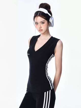 V-neck sporty top and flared sports pants