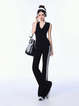 V-neck sporty top and flared sports pants