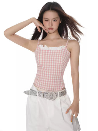 Pink plaid lace slim top