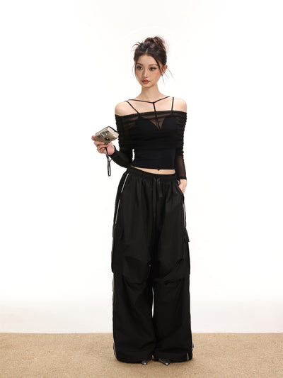 Y2k mesh One-shoulder Two-piece Set top