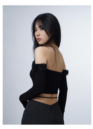 3D flower one-shoulder slim tube top