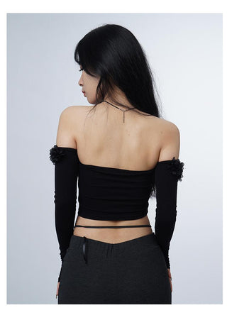3D flower one-shoulder slim tube top