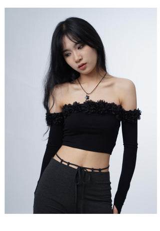 3D flower one-shoulder slim tube top