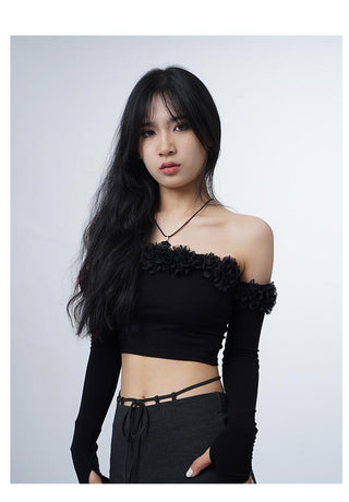 3D flower one-shoulder slim tube top