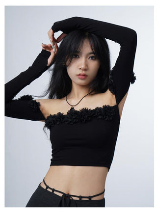 3D flower one-shoulder slim tube top