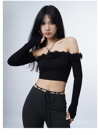 3D flower one-shoulder slim tube top