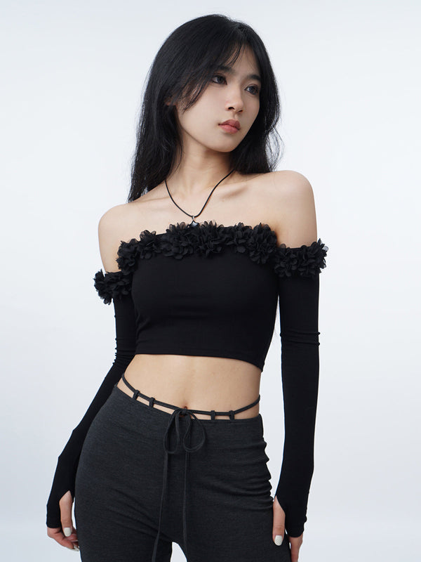 3D flower one-shoulder slim tube top