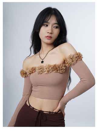 3D flower one-shoulder slim tube top