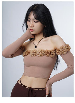 3D flower one-shoulder slim tube top