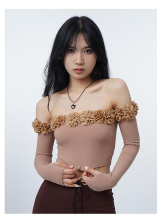 3D flower one-shoulder slim tube top